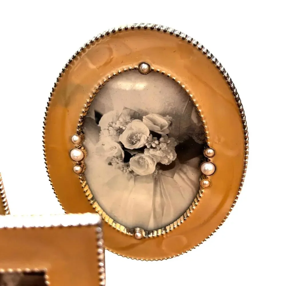 Trio of small photo frames (3) matching set cream enamel standing desktop style
